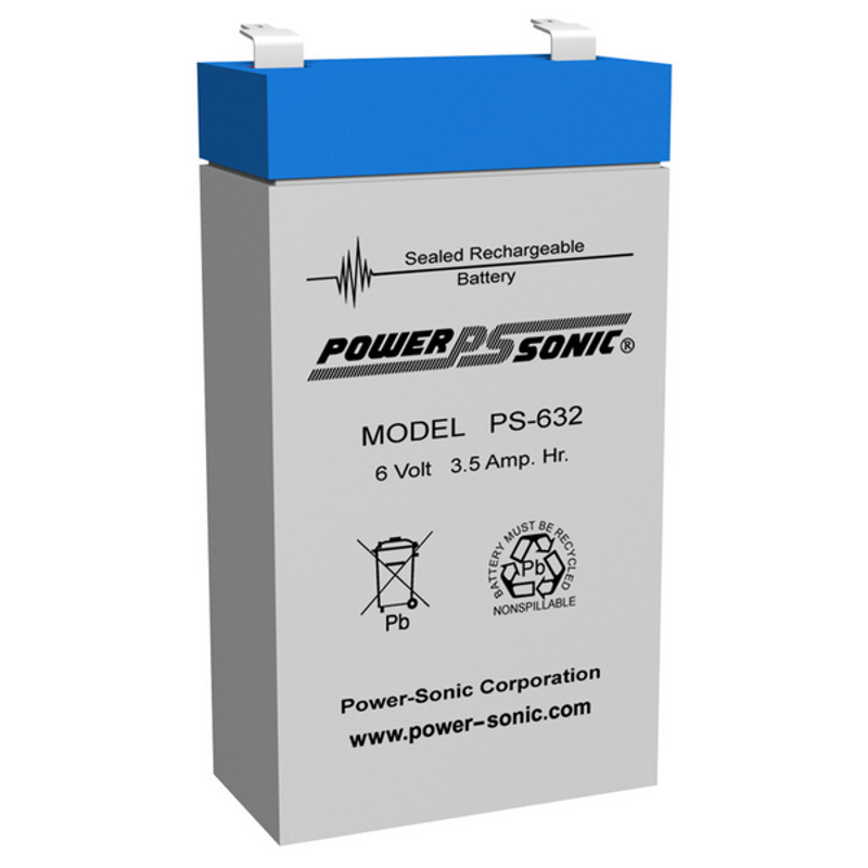 6 Volt 3.5 AH Powersonic PS632, F1 Terminals, Rechargeable Sealed Lead Acid Battery